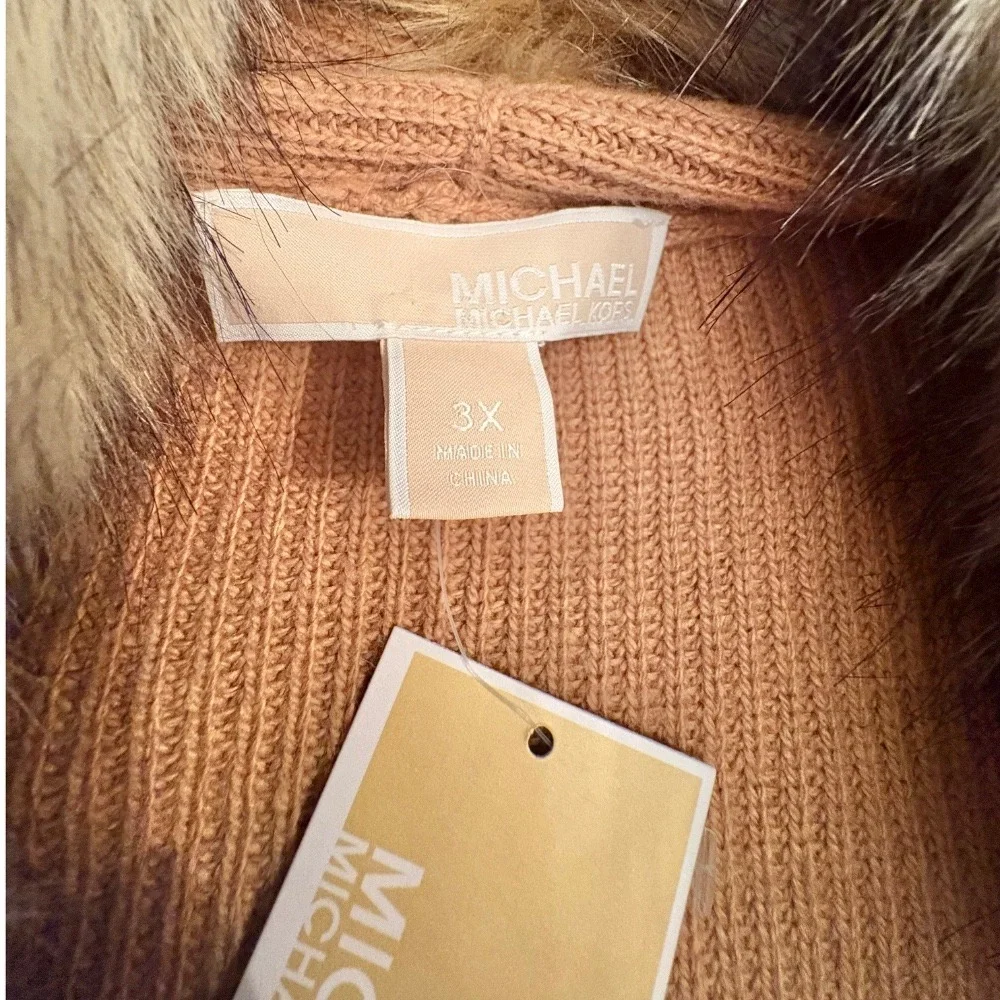 Michael Kors Camel Wrap Cardigan with Faux-Fur Shawl Collar